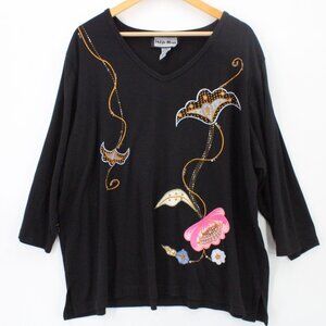 Indigo Moon Tunic Blouse Womens Black Floral Embroidered Long Sleeve Size 2X
